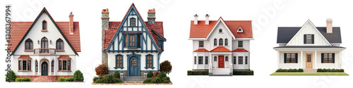 Charming traditional European style residential cottages with landscaped gardens featuring various architectural designs and styles including Tudor vintage and classic elegance