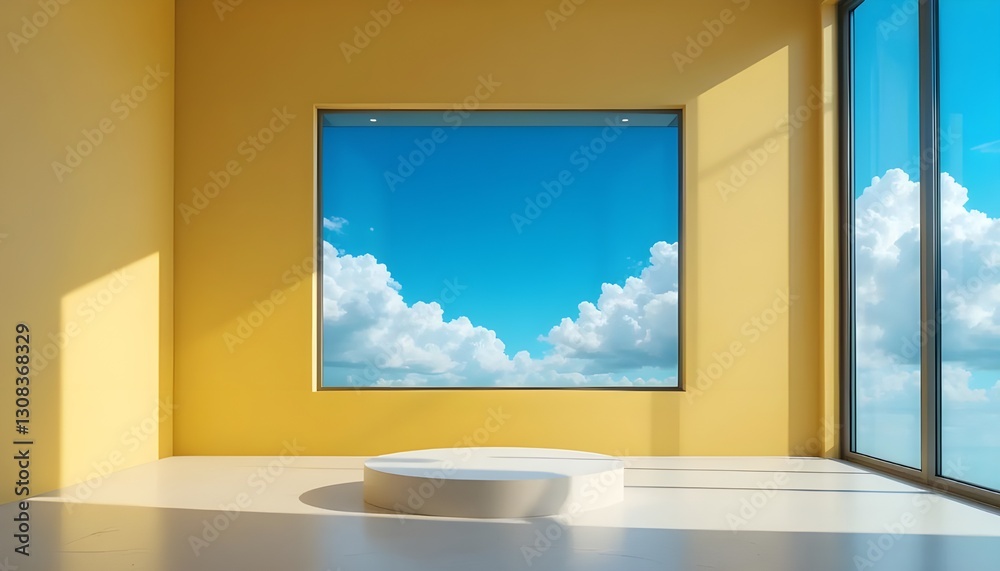 Fototapeta premium Minimalist 3D Abstract Scene with Blue Sky, White Clouds, and a Blank Podium in a Yellow Room