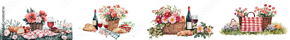 Naklejka premium Romantic outdoor picnic scene with a wicker basket filled with fresh flowers gourmet food and bottles of red wine on a checkered blanket in a lush meadow or garden setting of love friendship