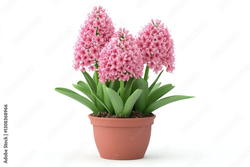 A 3D rendering of a pink hyacinth plant in a pot, isolated on white, with realistic details of the flowers and leaves. A 3D rendering of a pink hyacinth plant in a pot, isolated on white, with realistic details of the flowers and leaves.