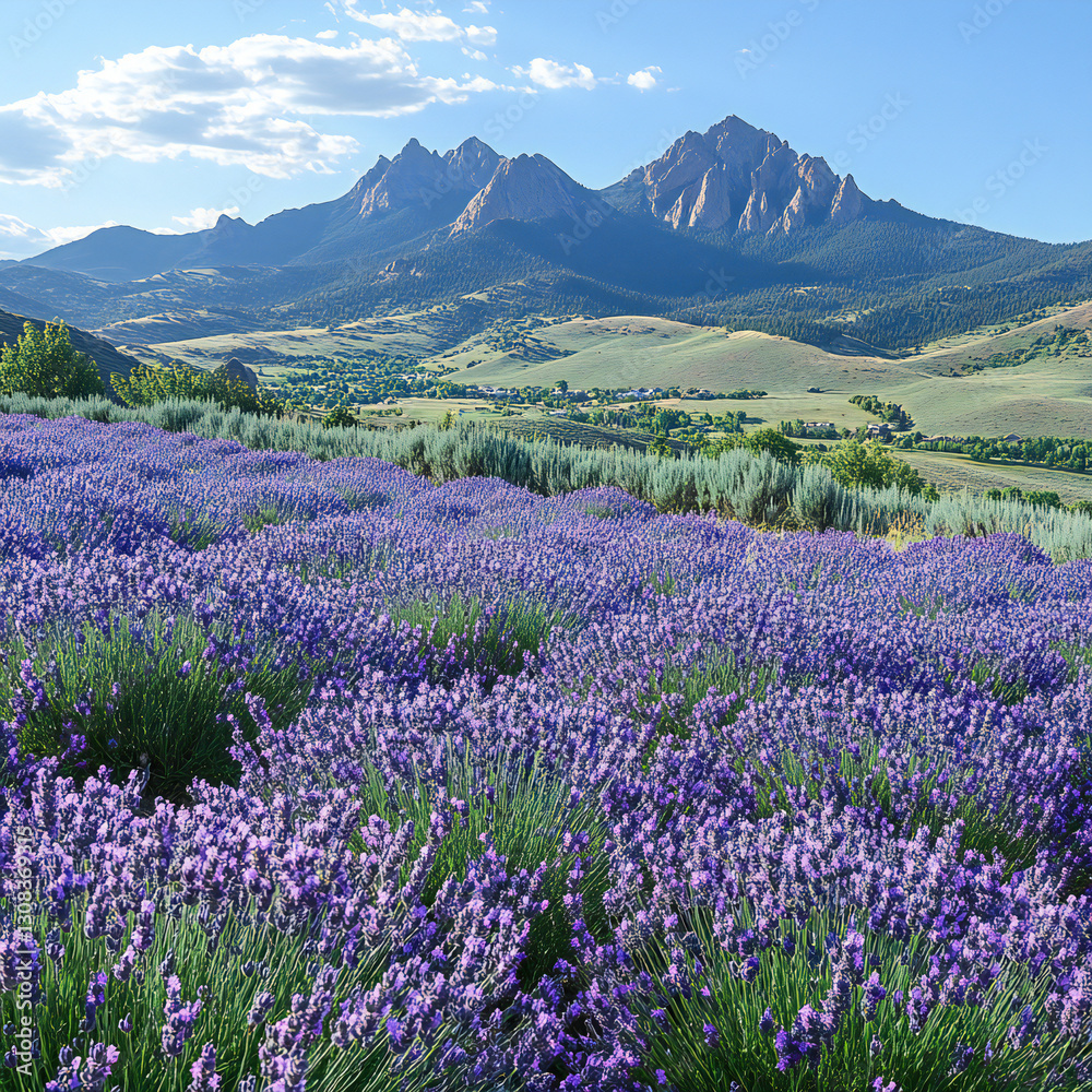 Obraz premium A field of lavender in full bloom with mountains in the background