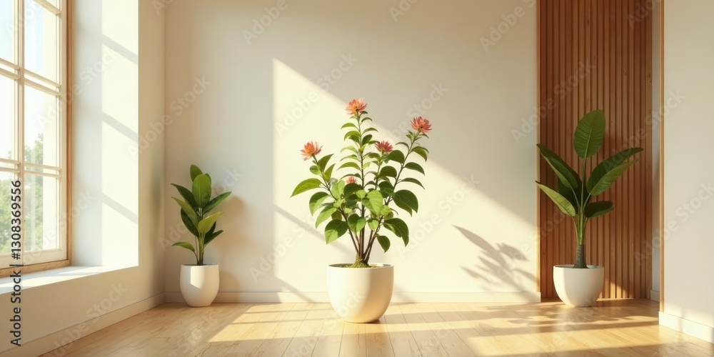 Fototapeta premium Sunlight Illuminates Minimalist Room Decor Featuring Three Potted Plants in Modern White Pots on Light Wood Floor