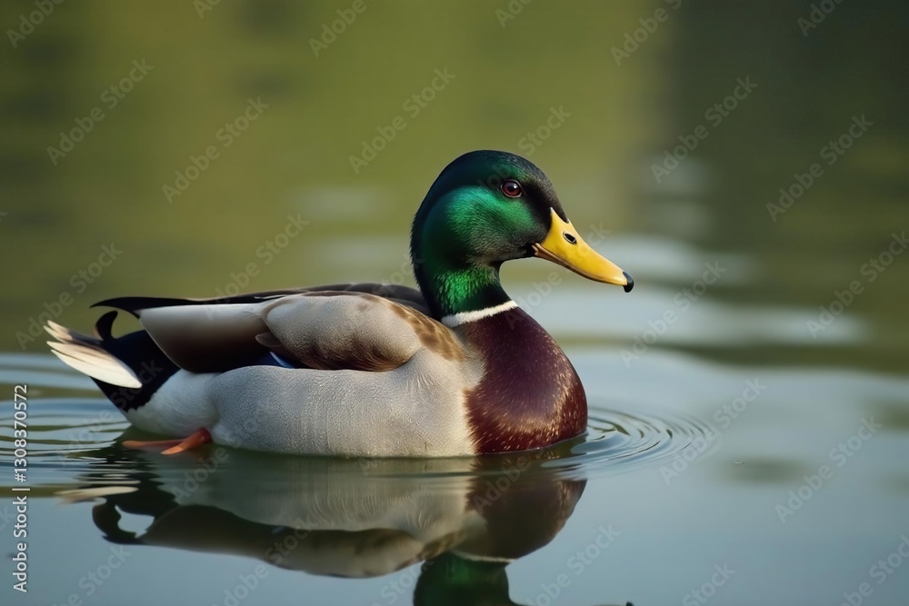 Mallard hen floats on still water, head slightly tilted, pretty, brown Mallard hen floats on still water, head slightly tilted, pretty, brown