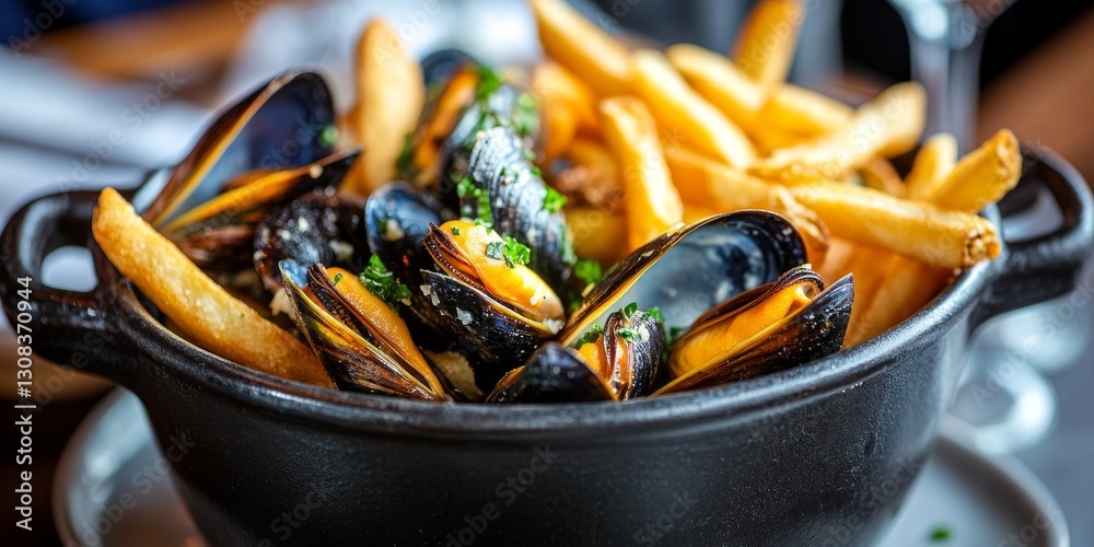 Steaming mussels and french fries filling a black pot, moules frites, european cuisine Steaming mussels and french fries filling a black pot, moules frites, european cuisine