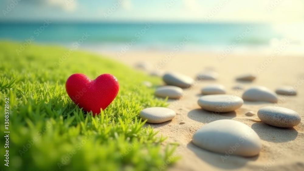 Fototapeta premium A red heart nestled in vibrant green grass beside a tranquil ocean, with a path of smooth stones leading to the water's edge, symbolizing a journey to serenity and love.
