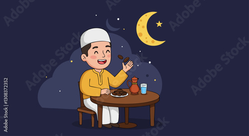 Cartoon illustration of a boy enjoying iftar with dates and water under a night sky during Ramadan.