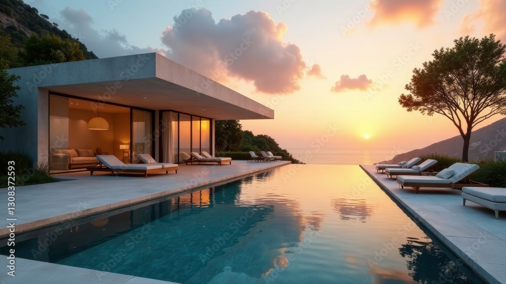 Fototapeta premium Serene Sunset Vista Modern Architectural Home with Infinity Pool and Lounge Chairs