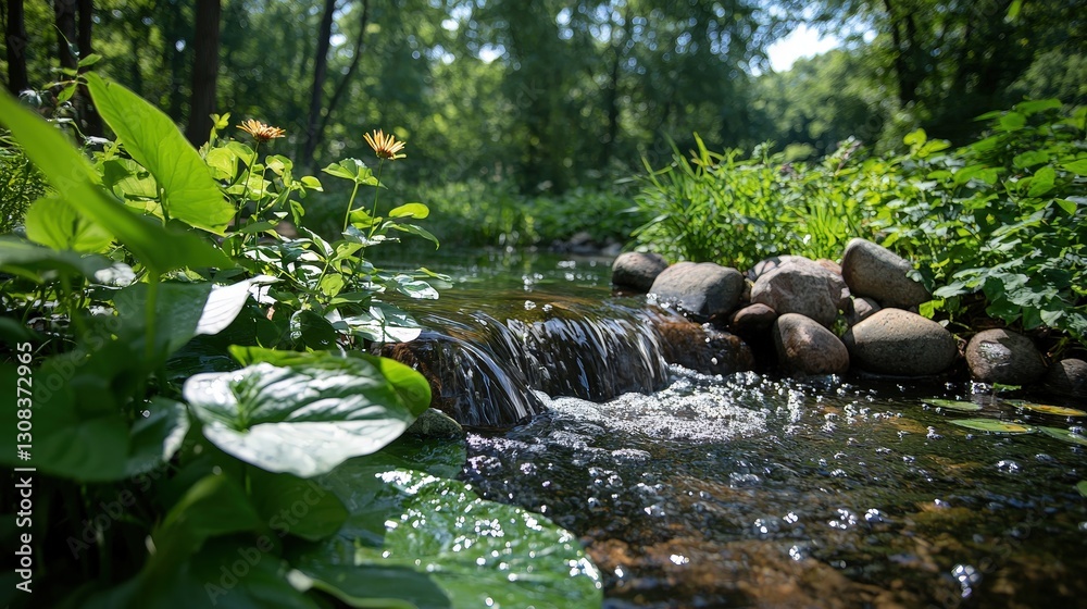 Serene creek flows through lush green forest Serene creek flows through lush green forest