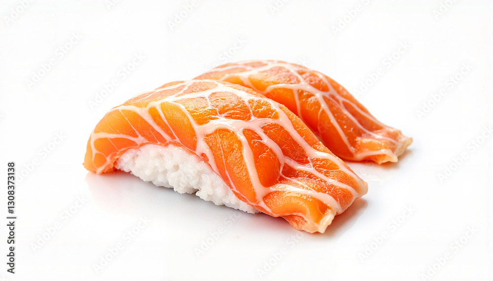 Fresh salmon sushi on white background, culinary artistry Fresh salmon sushi on white background, culinary artistry