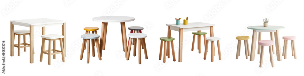Fototapeta premium Minimalist Scandinavian Style Wooden Furniture Set Featuring a Dining Table Chairs and Stools for Cozy and Functional Home Interiors Modern Contemporary