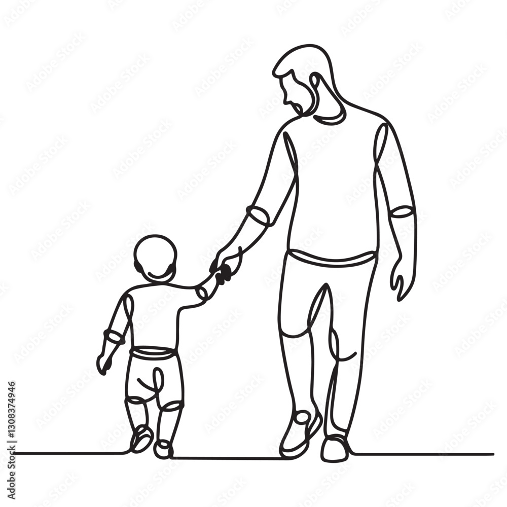 continuous one single black line art doodle drawing of Father and child walking hand in hand father day concept illustration continuous one single black line art doodle drawing of Father and child walking hand in hand father day concept illustration