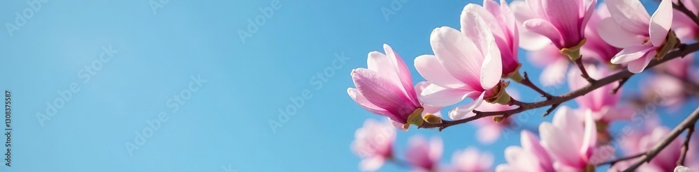 Fototapeta premium The blossoms are densely packed on the branches, flower, blue sky, magnolia