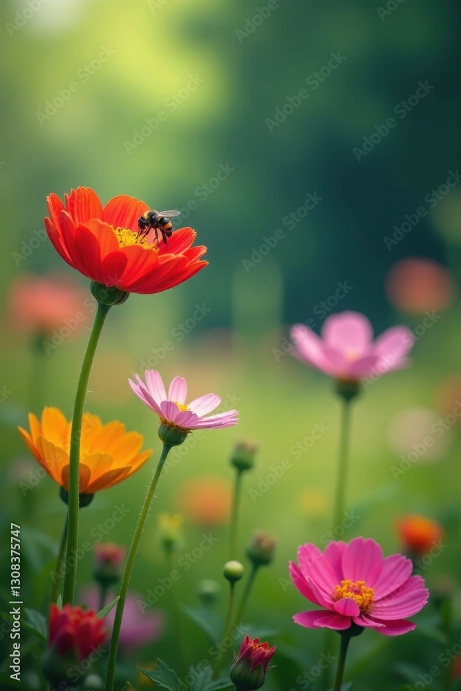 Vibrant wildflowers bloom, attracting buzzing insects , butterfly, environment Vibrant wildflowers bloom, attracting buzzing insects , butterfly, environment
