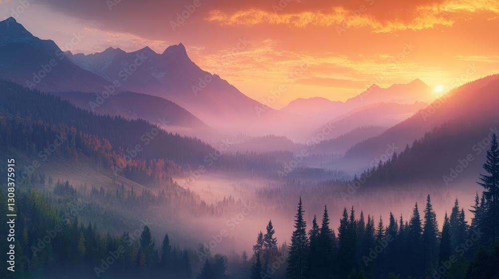 Obraz premium Sunrise over Foggy Mountains with Forest Silhouette and Pink Sky
