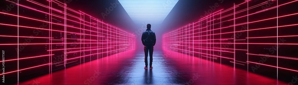 Fototapeta premium cyberpunk dystopian digital collage, neon-lit alleyways combined with glitch art, digital distortions blending with urban decay, futuristic cityscape fused with classical statues, moody cyber