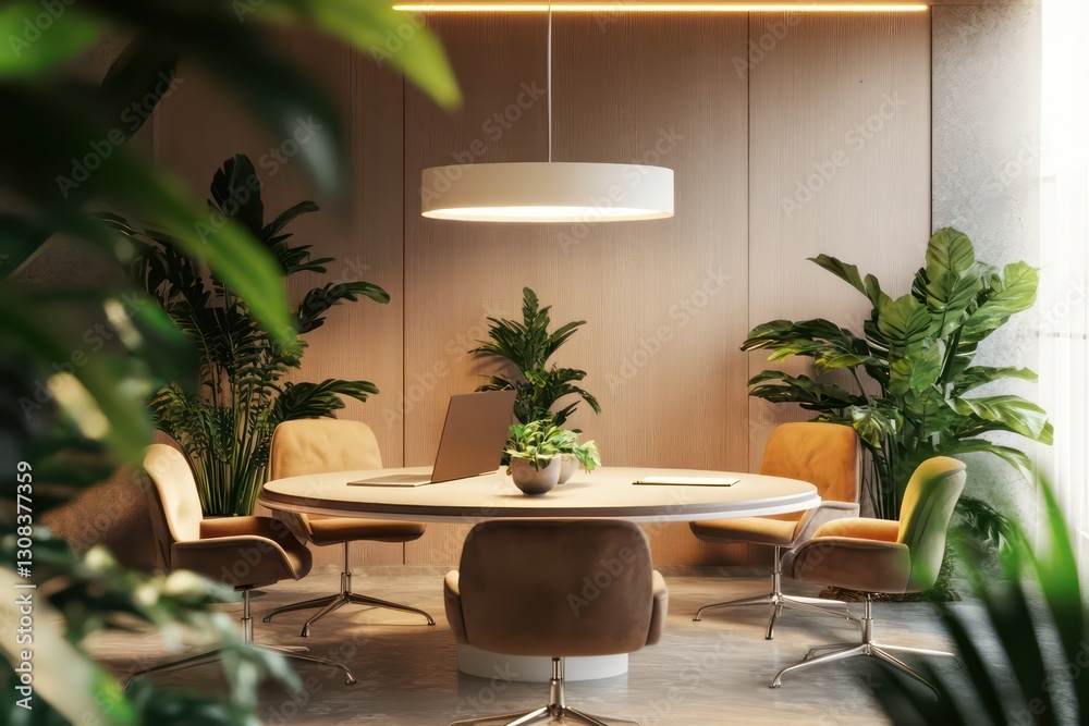 Fototapeta premium A 3D-rendered modern workspace featuring a round conference table, plush chairs, and green plants, with a contemporary electric lamp overhead.