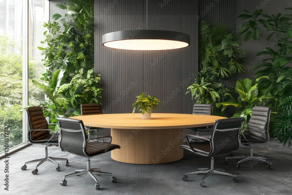 Fototapeta premium A 3D-rendered modern workspace featuring a round conference table, plush chairs, and green plants, with a contemporary electric lamp overhead.