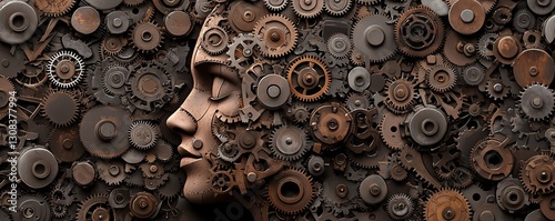 steampunk mechanical digital collage, intricate gears and cogs forming surreal landscapes, Victorian-era portraits fused with brass and copper machinery, industrial revolution meets fantasy, rich