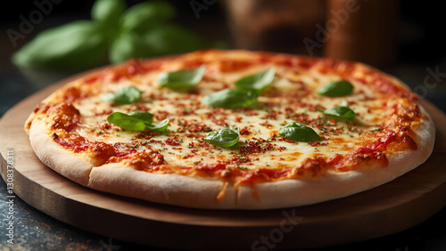 Wallpaper Mural A New York-style pizza with a golden, crispy crust, melted mozzarella cheese stretching as a slice is pulled away, topped with fresh basil and crushed red pepper flakes Torontodigital.ca