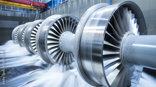 Hydropower Turbines Converting Water Flow into Electricity Inside a Dam. photo