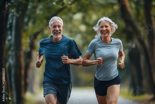A fit and happy senior couple running in the park, proving that staying active is essential for preventing aging and maintaining a healthy lifestyle.