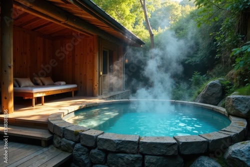 Wooden bathhouse near a steaming hot spring pool , hot spring, remote