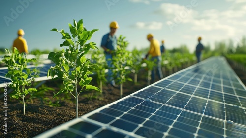 Workers maintain solar panels and young plants in an agricultural setting, showcasing sustainable energy and eco-friendly practices.