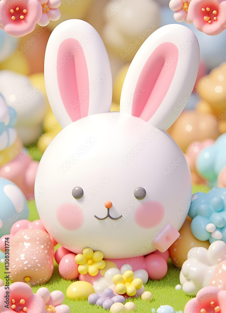 Adorable Easter Bunny with Pastel Balloons and Spring Flowers in a Whimsical Setting Adorable Easter Bunny with Pastel Balloons and Spring Flowers in a Whimsical Setting