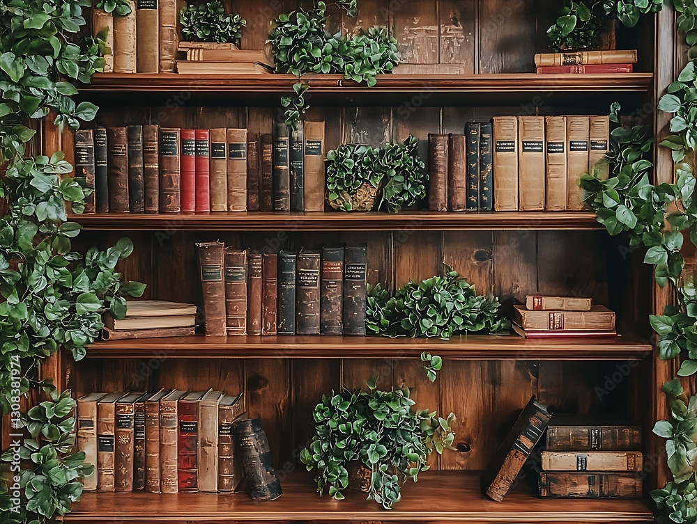 Antique books and plants on wooden shelves. Antique books and plants on wooden shelves.
