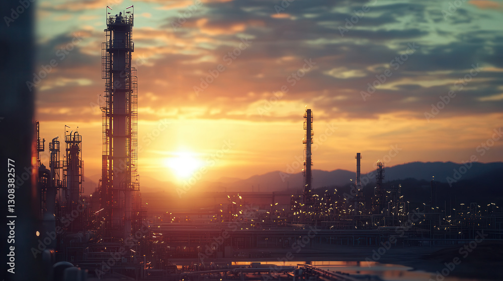 Obraz premium stunning sunset over oil refinery, showcasing industrial structures and vibrant sky