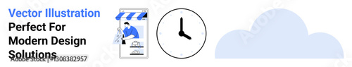 Storefront with blue stripes, person holding items, clock showing time, and cloud icon. Ideal for e-commerce, delivery, time management, cloud computing, online services scheduling flat landing