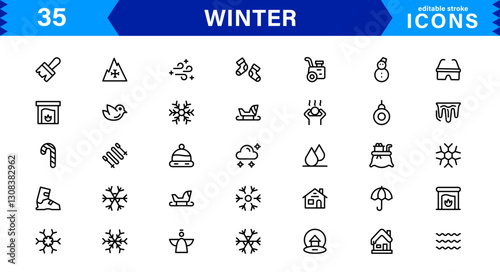 Seasonal Winter Icons. Scalable Illustrations for Snowflakes, Ice, Winter Sports, and Cozy Winter Activities