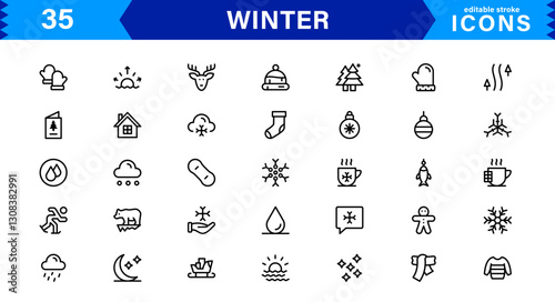 Seasonal Winter Icons. Scalable Illustrations for Snowflakes, Ice, Winter Sports, and Cozy Winter Activities