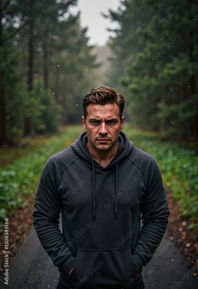 Determined man standing on rain-soaked forest path, resilience Determined man standing on rain-soaked forest path, resilience