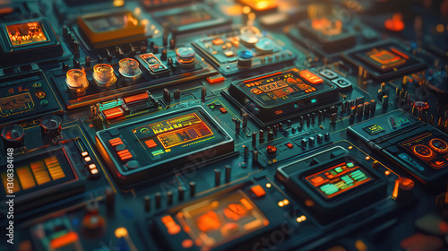 Futuristic control panels with glowing buttons and screens in dark setting