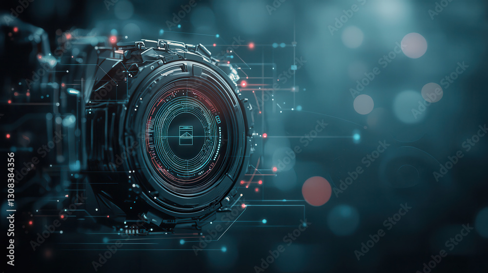 Obraz premium Futuristic camera lens with digital interface and glowing elements, showcasing technology and innovation