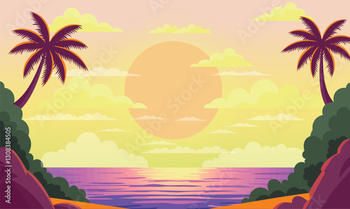 Beach Sea Ocean Island Landscape with Sun Light in Beautiful Majestic Sky at Sunset Sunrise