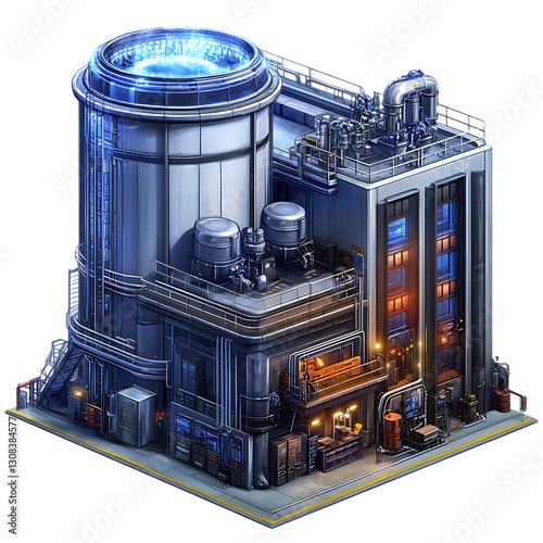 Futuristic industrial building with advanced technology.