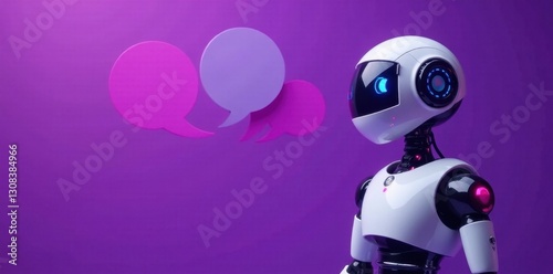 Modern robot with speech bubbles, vibrant purple background , innovation, chat