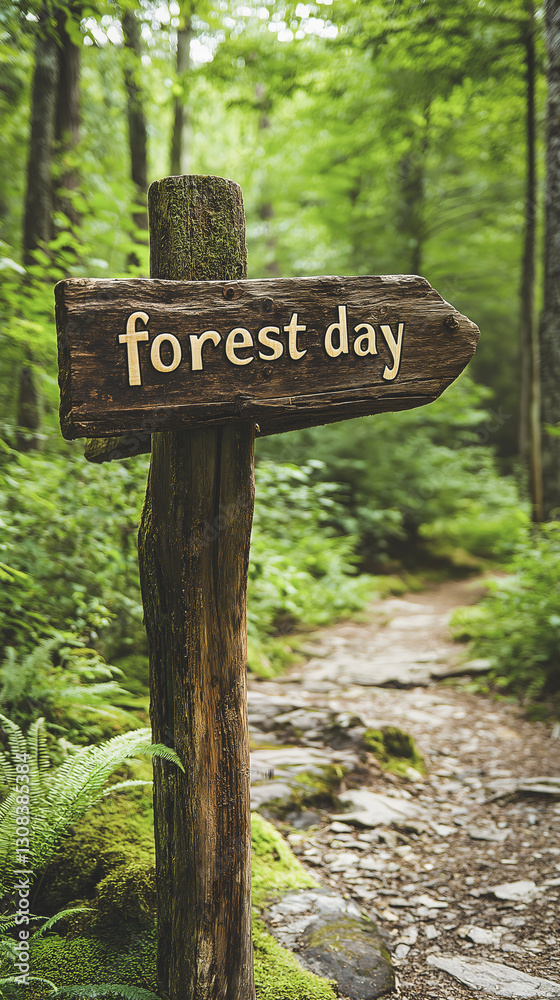 Wooden sign indicating forest day in lush green forest Wooden sign indicating forest day in lush green forest