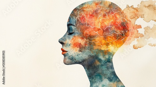 Abstract watercolor representation of a creative mind with vivid colors and brain elements emanating from head photo