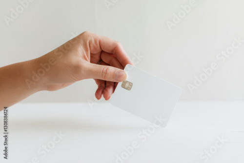woman hand holding blank white prepaid card. Studio shot isolated on white