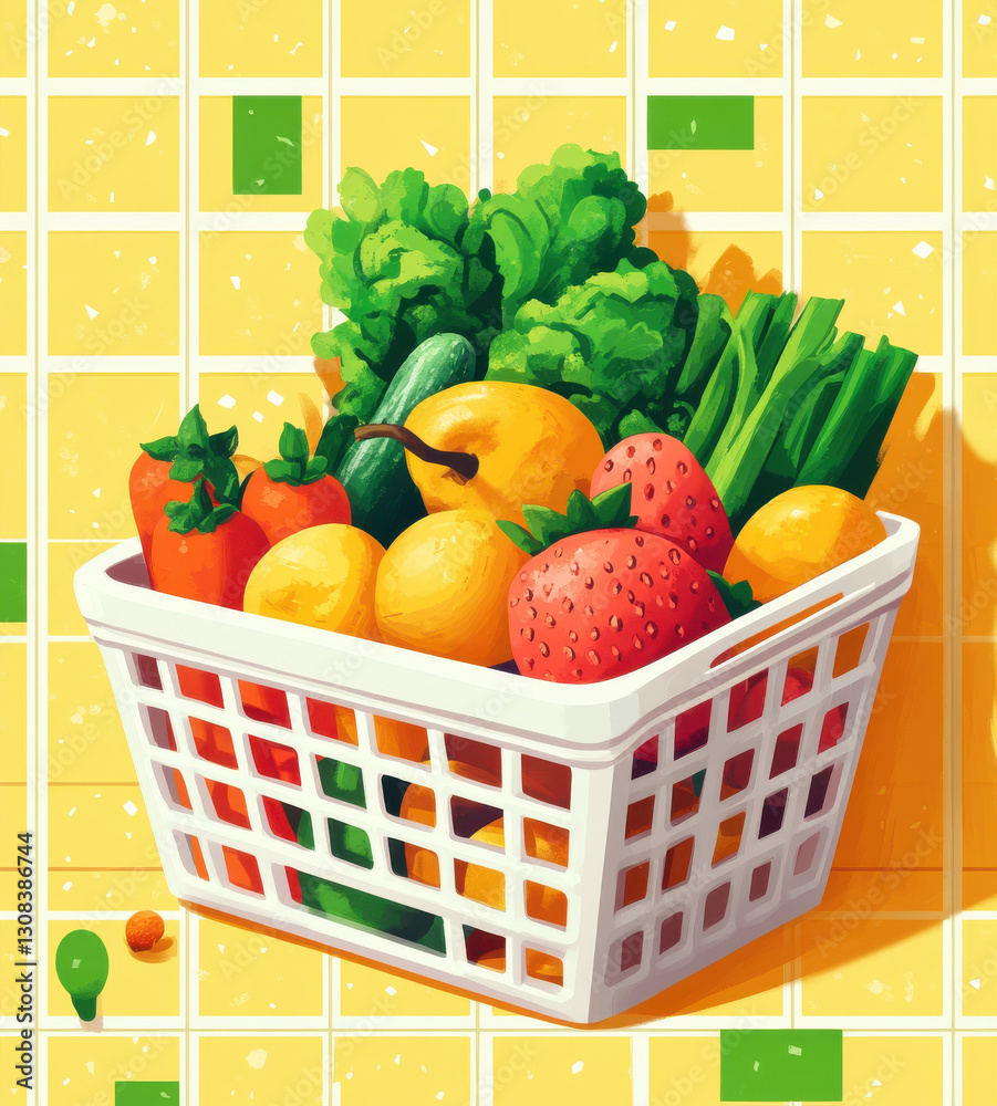 white plastic shopping basket filled with fresh fruits and vegetables, including strawberries, oranges, and greens, set against bright yellow tiled background white plastic shopping basket filled with fresh fruits and vegetables, including strawberries, oranges, and greens, set against bright yellow tiled background