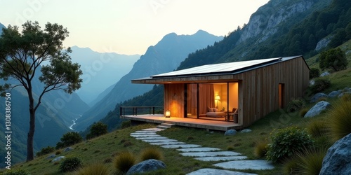 Mountaintop Retreat A Modern Cabin with Solar Panels and Panoramic Views of Serene Valley and Lush Greenery