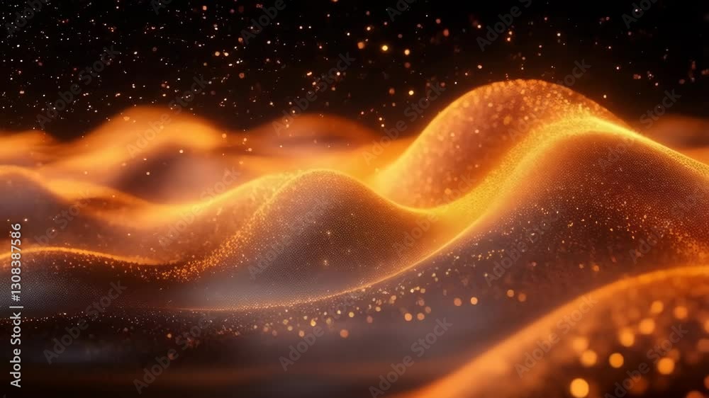 Glowing orange glitter waves with particles. Dynamic abstract motion background