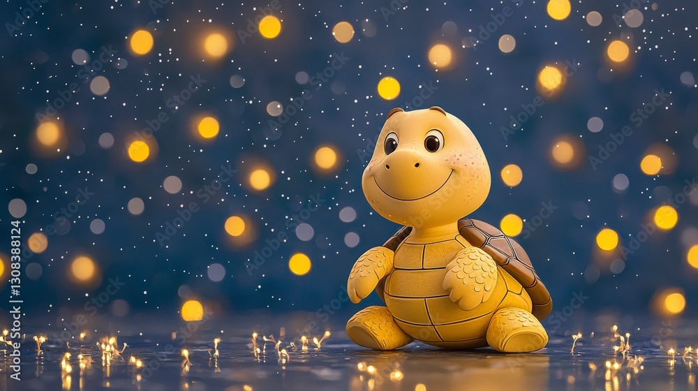 Cute cartoon turtle figurine with a cheerful expression on a blurred background with festive bokeh lights Cute cartoon turtle figurine with a cheerful expression on a blurred background with festive bokeh lights