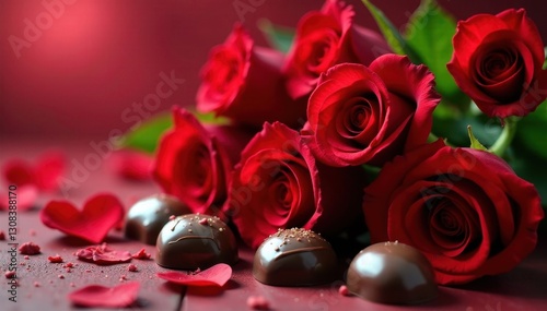 Vibrant red roses, decadent chocolates, romantic Valentine's Day arrangement , sweet, celebration