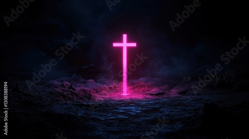 Neon Cross on Rocky Terrain