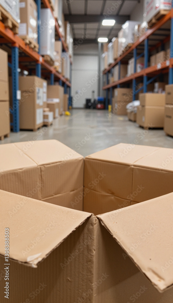 Open shipping box in warehouse with industrial elements, shipping concept Open shipping box in warehouse with industrial elements, shipping concept