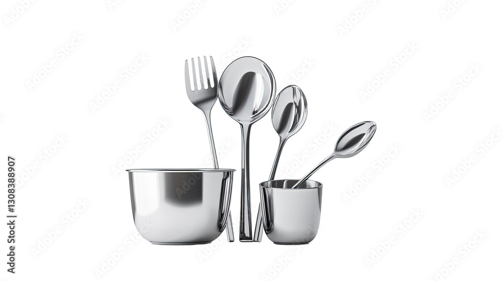 A set of silverware and bowls are displayed on a white background